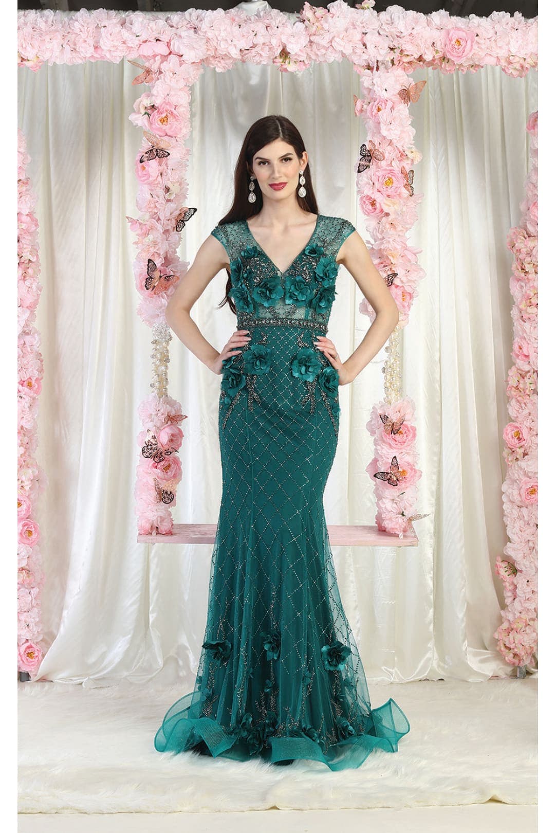 Royal Queen RQ7951 3D Floral Applique Evening Dress - HUNTER GREEN / 4 - Dress