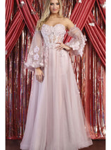 Royal Queen RQ7953 Detachable Sleeves 3D Floral Applique Prom Dress