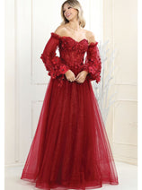 Royal Queen RQ7953 Detachable Sleeves 3D Floral Applique Prom Dress