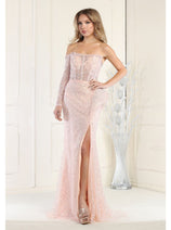 Royal Queen RQ7954 One Sleeve Boned Bodice Blush Pink Formal Dress