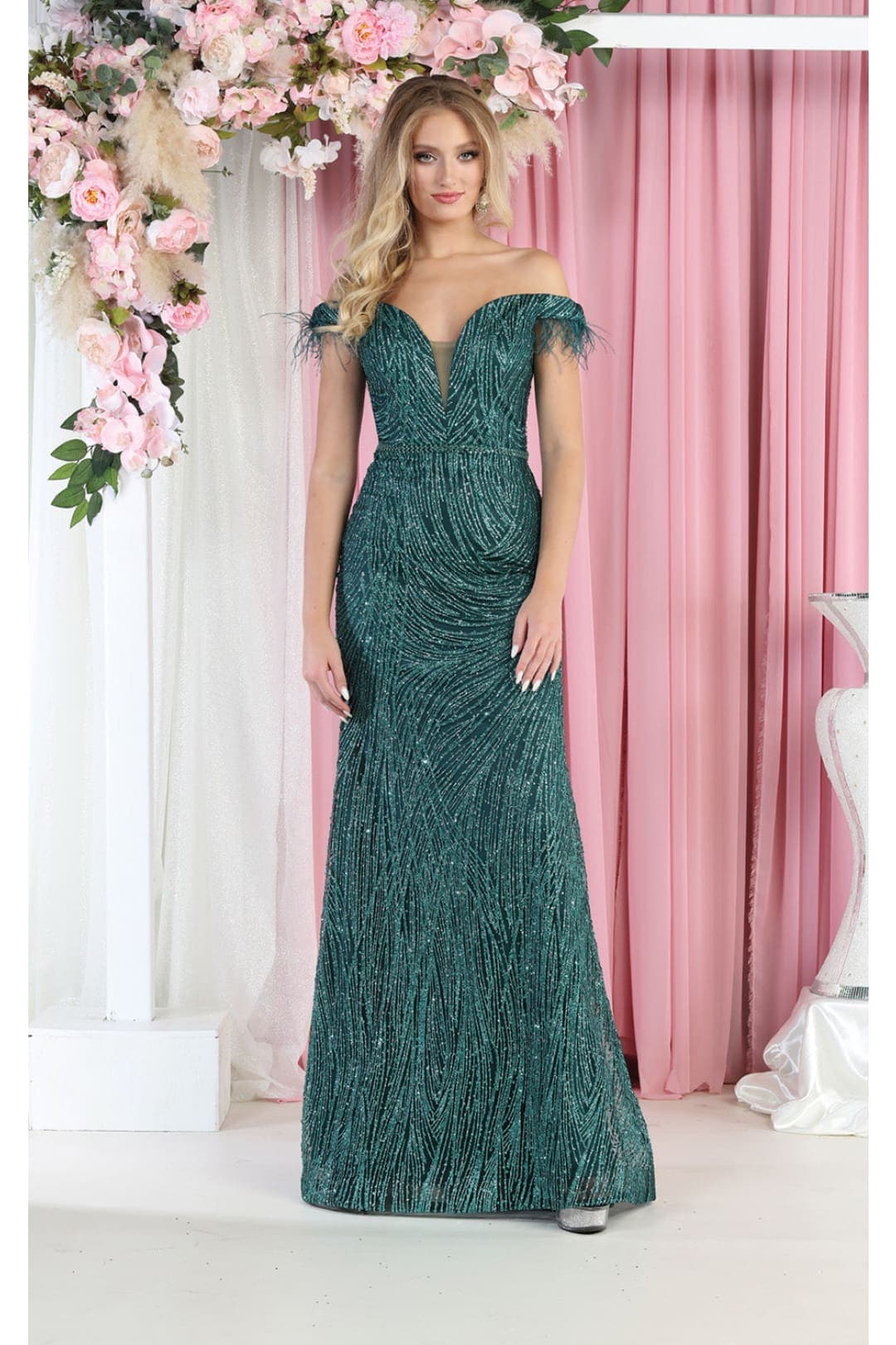 Royal Queen RQ7963 Off The Shoulder Feathers Prom Gown - HUNTER GREEN / 4 - Dress