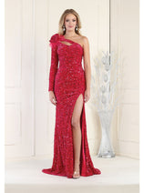 Royal Queen RQ7970 Asymmetrical One Long Sleeve Sequin Prom Gown