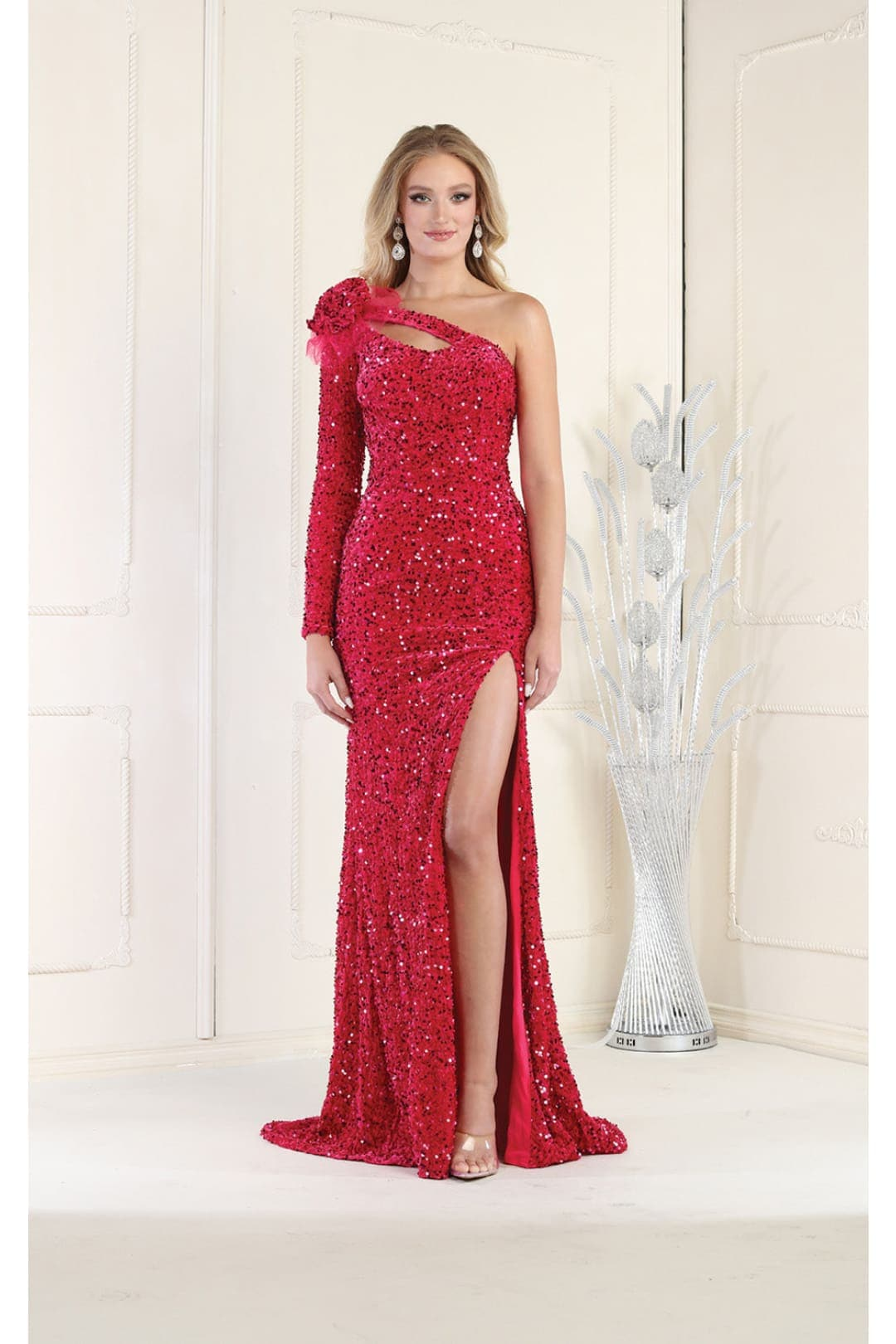 long sleeve red sequin prom dress Plus-Size Long Sleeve Long Sequin Prom Dress -PromGirl Red Berry / 14W