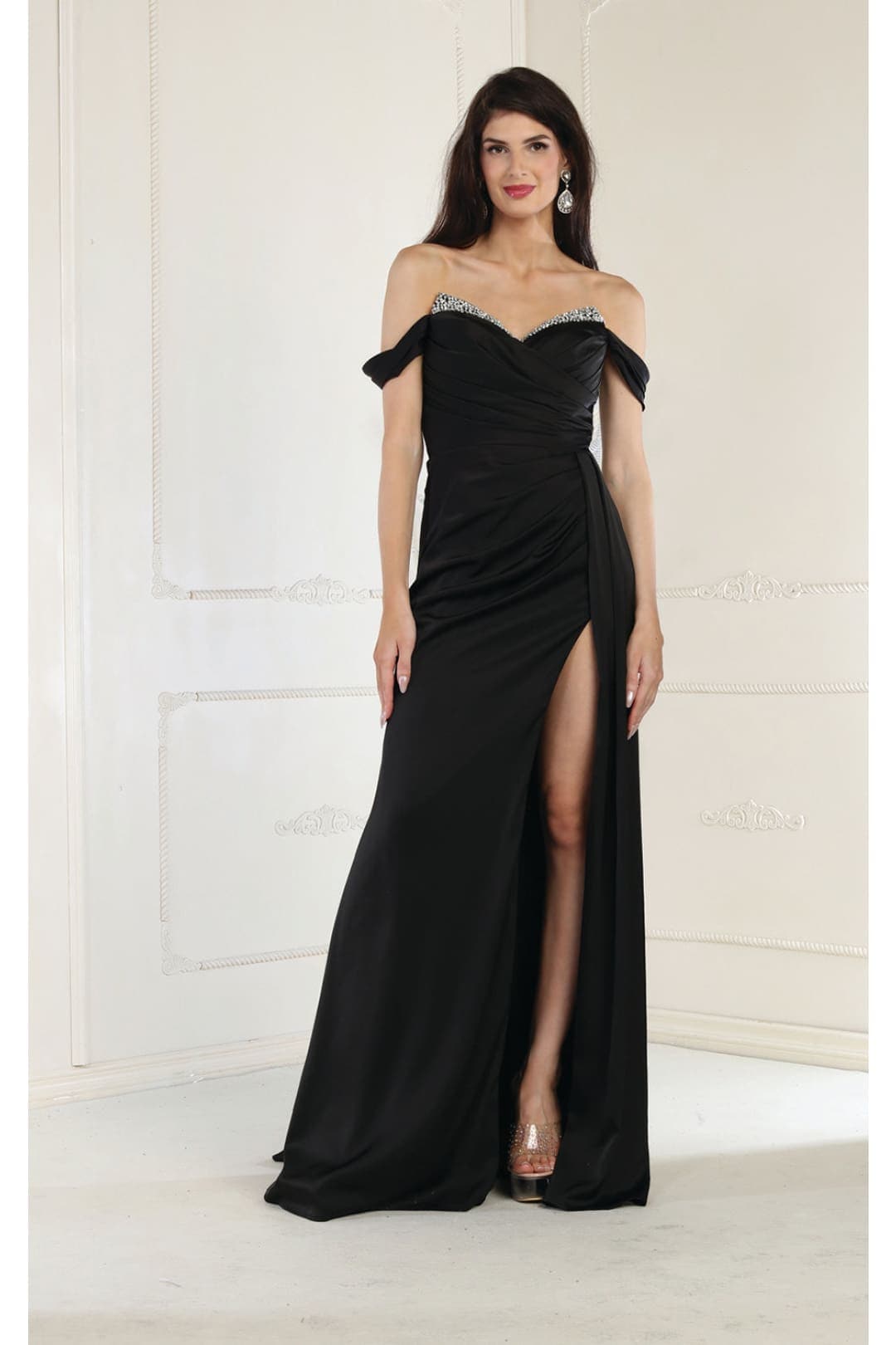 【PORTERNA】Rote Slit Long One Piece Cinderella Divine - 7472 V Neck Pleated Bodice High Slit