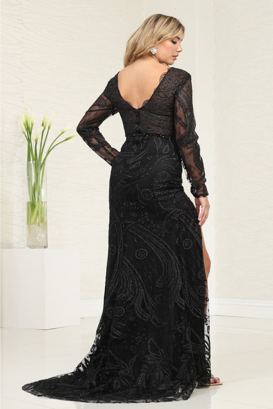 long sleeve glitter prom dress Royal Queen RQ7972 Embellished V-Neck Modern 20s