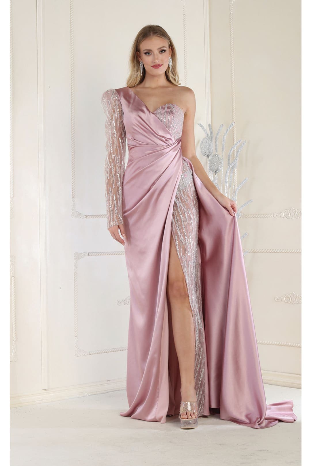 Royal Queen RQ7980 High Slit Embellished Evening Gown - DUSTY ROSE / 4 - Dress