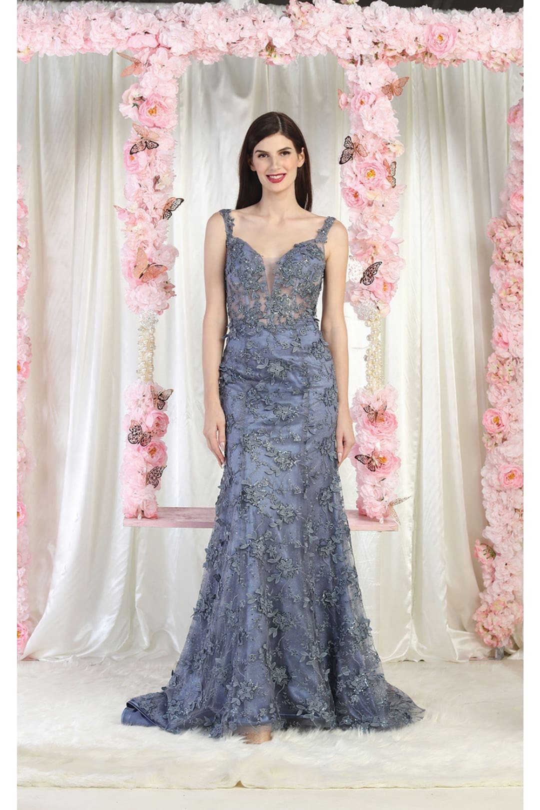LA Merchandise LA7982 Embroidered Special Occasion Gown - DUSTY BLUE / 4 - Dress