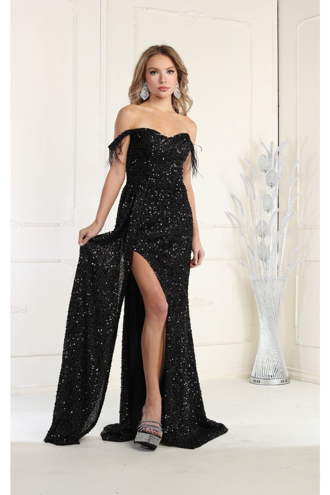 Royal Queen RQ7988 Off Shoulder Feathers Prom Dress - Dress