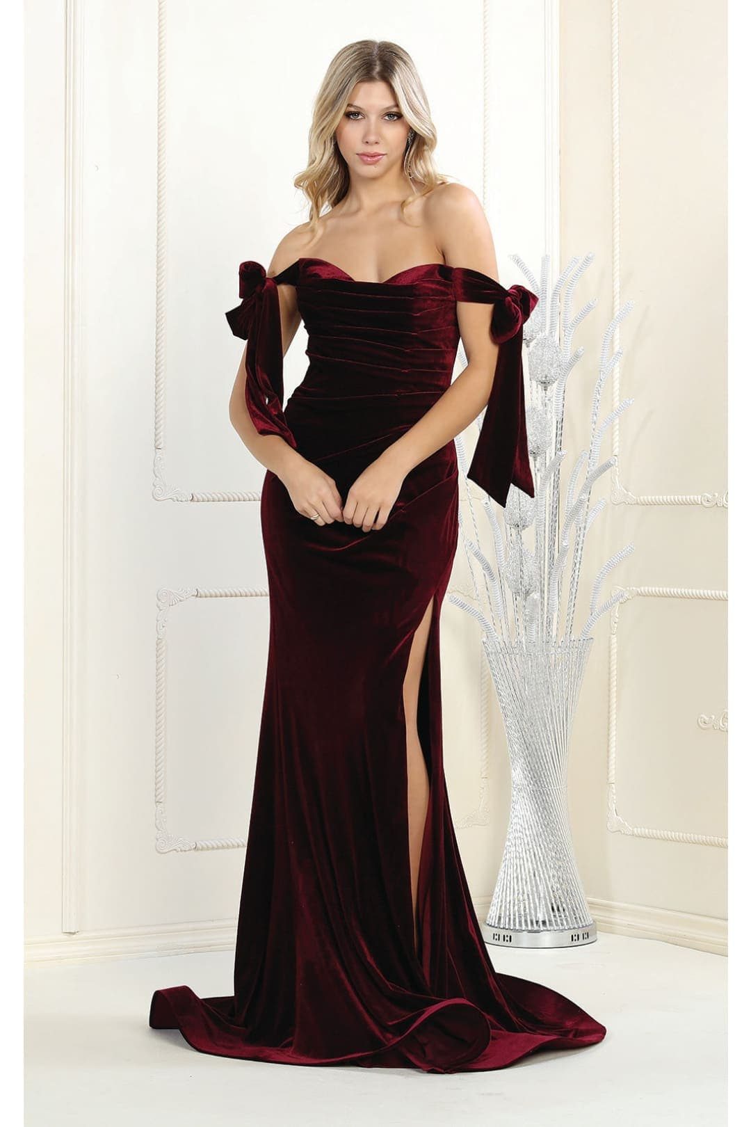 LA Merchandise LA7994 Velvet Off Shoulder Prom Gown - Burgundy / 4