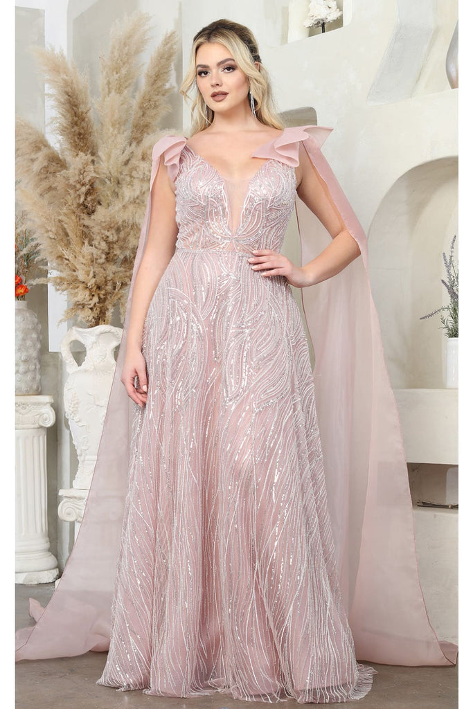 Royal Queen RQ7998 Cape Sleeves Plunging Neckline A-line Pageant Gown - MAUVE / 2 - Dress