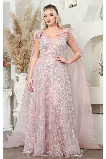 Royal Queen RQ7998 Cape Sleeves Plunging Neckline A-line Pageant Gown - MAUVE / 2 - Dress