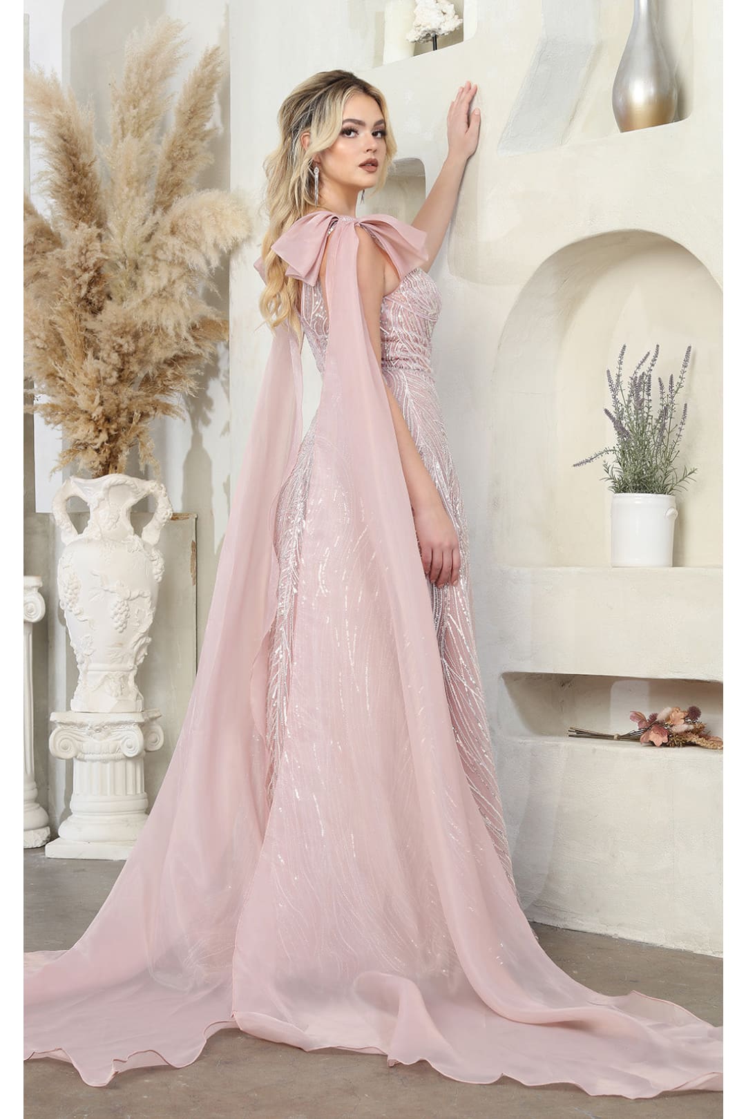 Royal Queen RQ7998 Cape Sleeves Plunging V Mauve Formal Pageant Gown