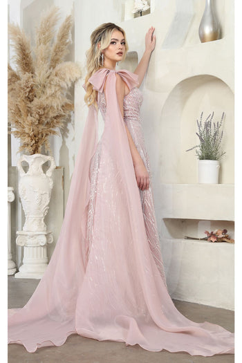 Royal Queen RQ7998 Cape Sleeves Plunging Neckline A-line Pageant Gown - Dress