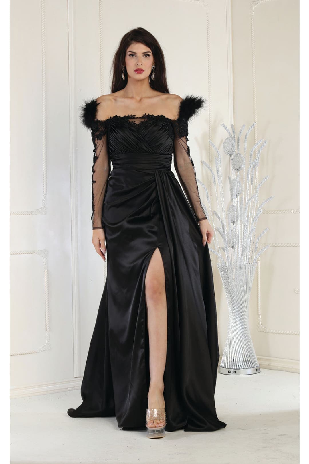 Royal Queen RQ8002 Sheer Sleeves Formal Gown - BLACK / 4 - Dress