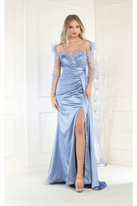 Royal Queen RQ8002 Sheer Sleeves Formal Gown - DUSTY BLUE / 4 - Dress