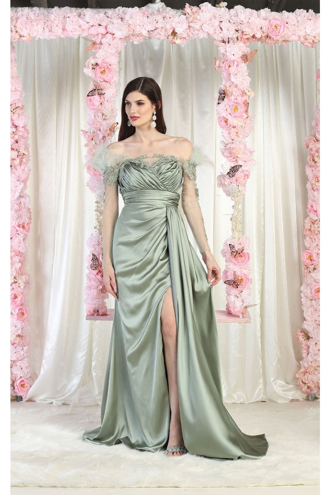 Royal Queen RQ8002 Sheer Sleeves Formal Gown - SAGE / 4 - Dress