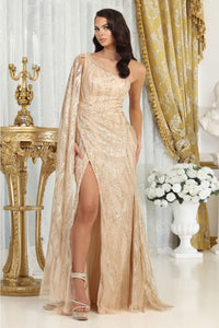 Royal Queen RQ8009 Asymmetrical Lace Appliqued Special Occasion Dress - CHAMPAGNE / 4 - Dress