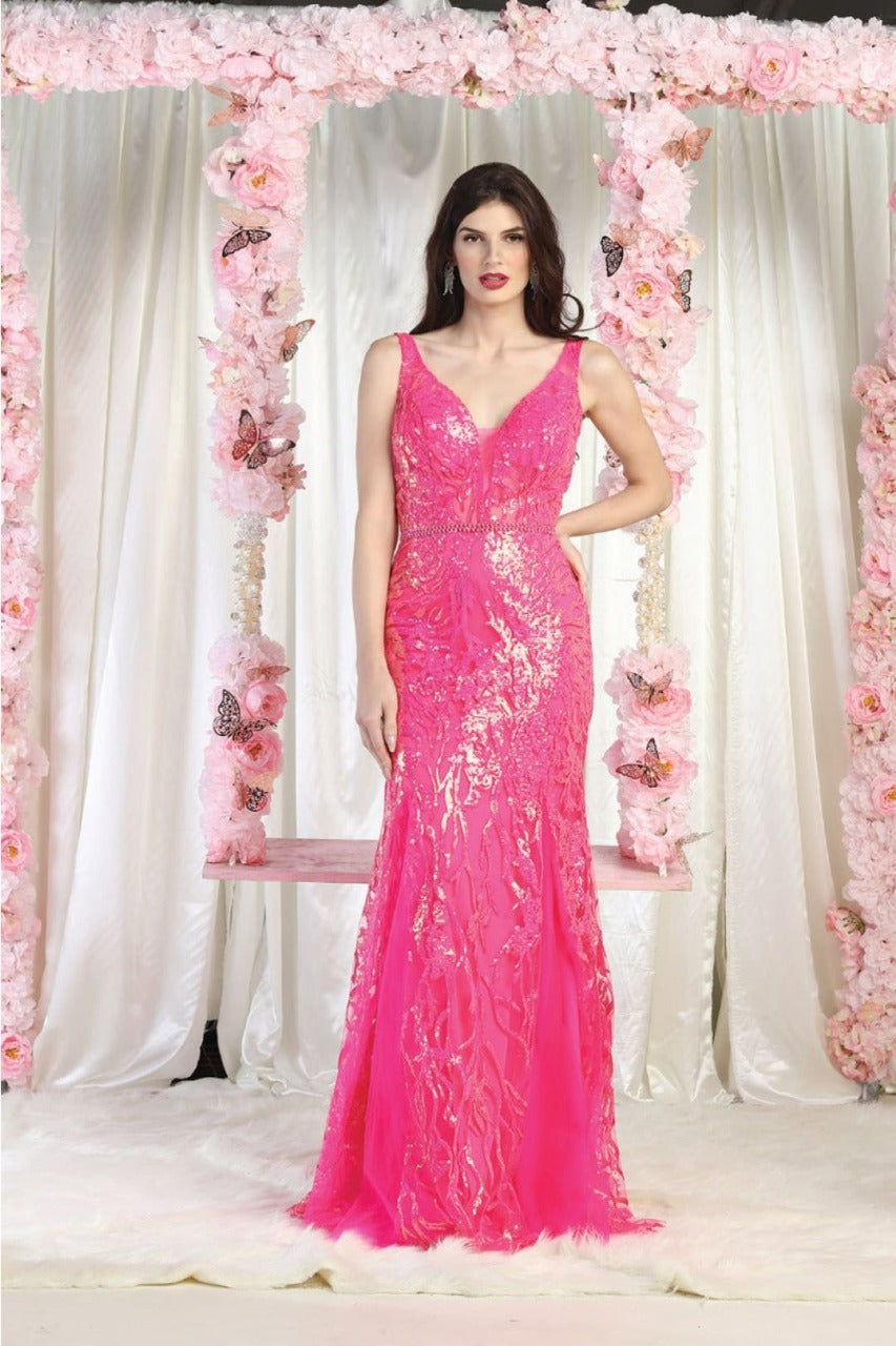 Royal Queen RQ8011 Sleeveless Fitted Bodice Sequin Evening Gown - FUCHSIA / 2 - Dress