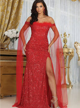 Royal Queen RQ8012 Semi-Sweetheart Mesh Feathers Pageant Dress