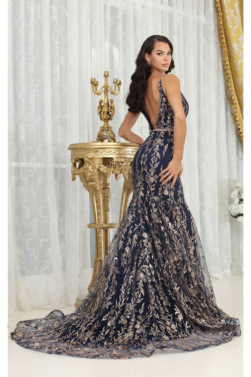 Royal Queen RQ8017 V-upper Back Sheer Sides Gltter Prom Gown - Dress