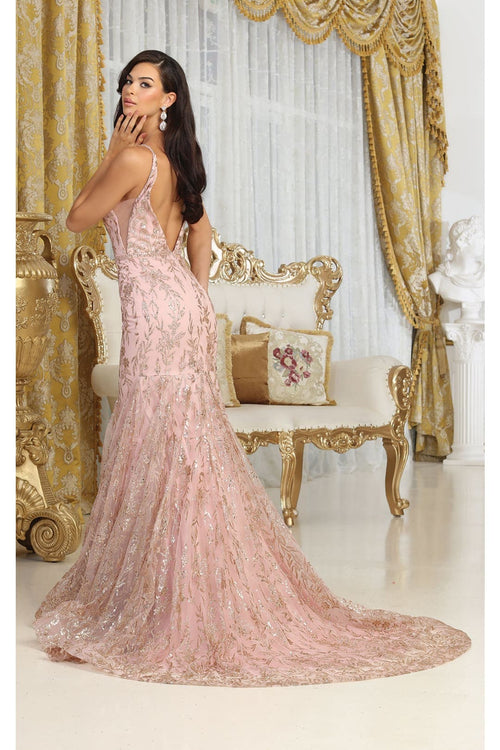 Royal Queen RQ8017 V-upper Back Sheer Sides Gltter Prom Gown - Dress