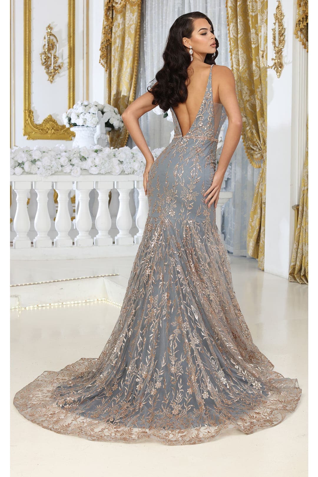 Royal Queen RQ8017 V-upper Back Sheer Sides Gltter Prom Gown - Dress