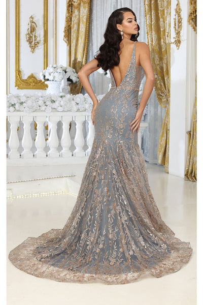 Royal Queen RQ8017 V-upper Back Sheer Sides Gltter Prom Gown - Dress