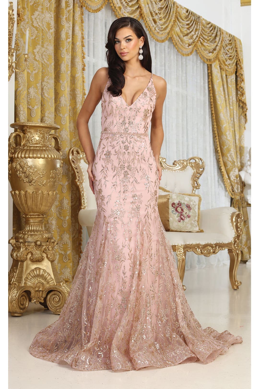 Royal Queen RQ8017 V-upper Back Sheer Sides Gltter Prom Gown - Dress