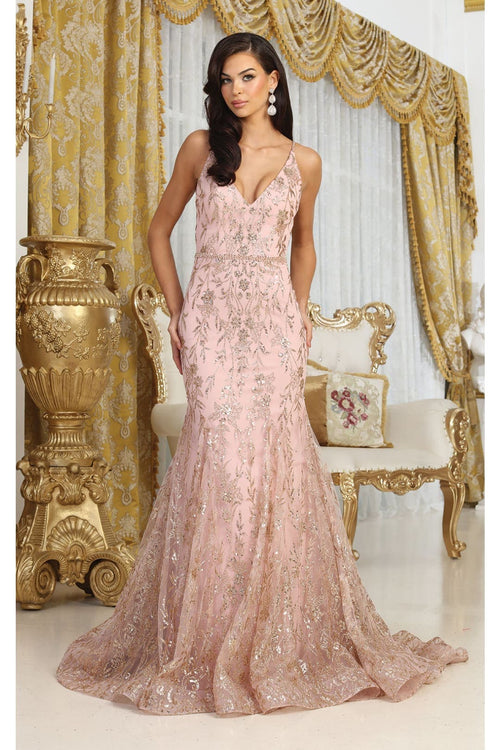 Royal Queen RQ8017 V-upper Back Sheer Sides Gltter Prom Gown - Dress