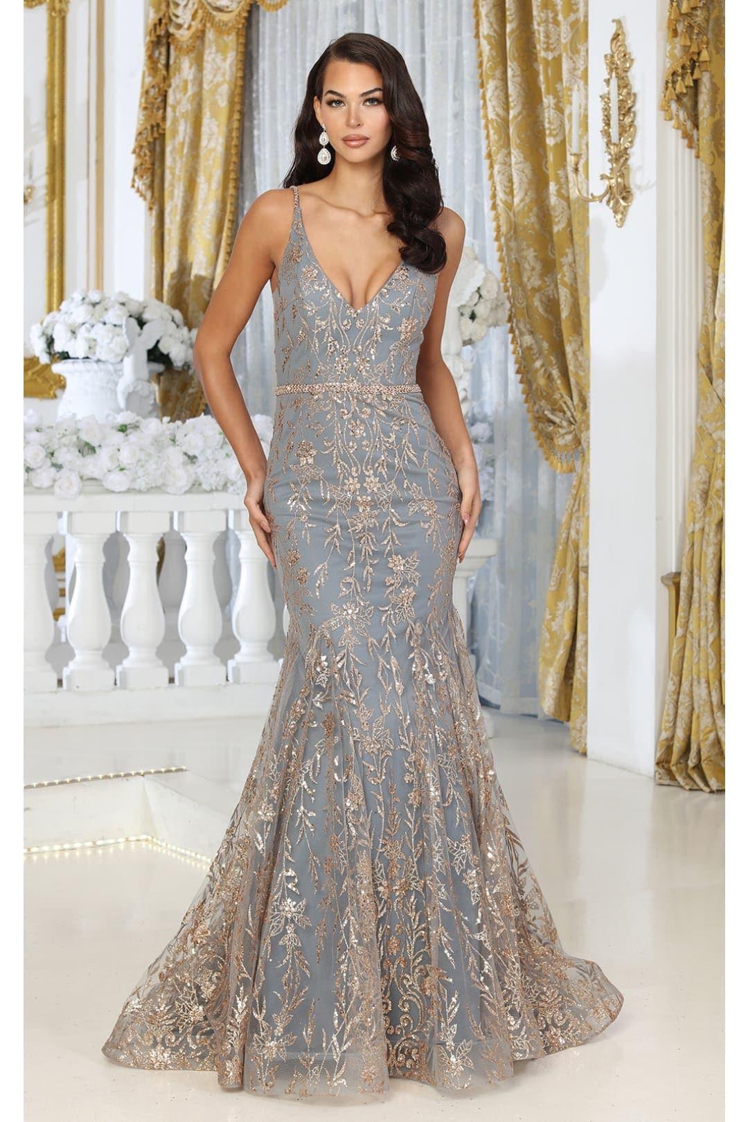 Royal Queen RQ8017 V-upper Back Sheer Sides Gltter Prom Gown - Dress