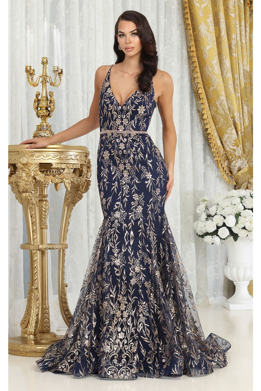 Royal Queen RQ8017 V-upper Back Sheer Sides Gltter Prom Gown - Dress