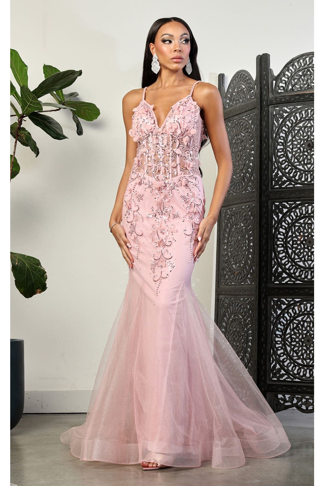 Royal Queen RQ8030 Embellished Mermaid 3D Floral Allpique Prom Dress - BLUSH / 4 - Dress