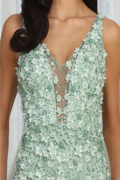 Royal Queen RQ8031 V-Neck Beaded Pearl High Slit Red Carpet Gown - Dress