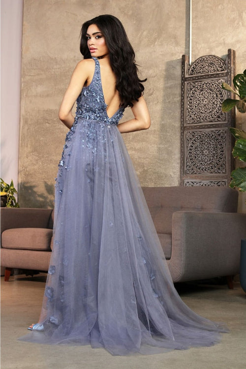 Royal Queen RQ8031 V-Neck Beaded Pearl High Slit Red Carpet Gown - Dress