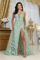 Royal Queen RQ8031 V-Neck Beaded Pearl High Slit Red Carpet Gown - SAGE / 4 - Dress