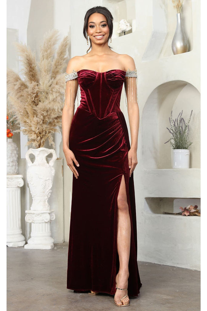 Royal Queen RQ8033 Off Shoulder Fringe Velvet Red Carpet Formal Gown - Dress