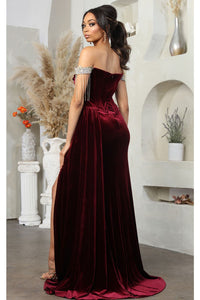 Royal Queen RQ8033 Off Shoulder Fringe Velvet Red Carpet Formal Gown - Dress