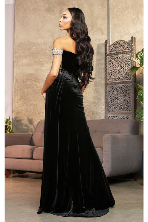 Royal Queen RQ8033 Off Shoulder Fringe Velvet Red Carpet Formal Gown - Dress