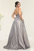 Royal Queen RQ8035 Plunging V-Neck Charcoal/ Nude A-Line Gala Gown - Dress