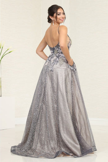 Royal Queen RQ8035 Plunging V-Neck Charcoal/ Nude A-Line Gala Gown - Dress