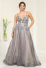 Royal Queen RQ8035 Plunging V-Neck Charcoal/ Nude A-Line Gala Gown - CHARCOAL/NUDE / 4 - Dress