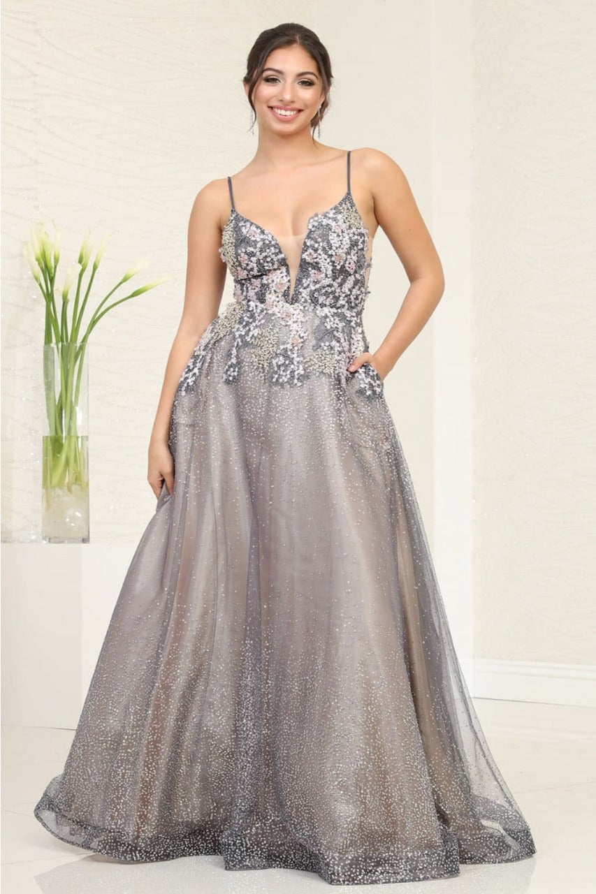 Royal Queen RQ8035 Plunging V-Neck Charcoal/ Nude A-Line Gala Gown - CHARCOAL/NUDE / 4 - Dress