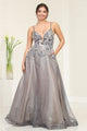 Royal Queen RQ8035 Plunging V-Neck Charcoal/ Nude A-Line Gala Gown - CHARCOAL/NUDE / 4 - Dress