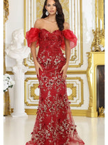 Royal Queen RQ8037 Off Shoulder 3D Floral Applique Red Carpet Dress