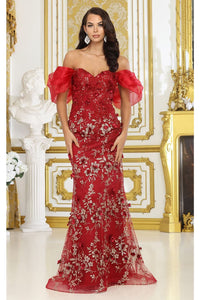 Royal Queen RQ8037 Off Shoulder 3D Floral Applique Red Carpet Dress - BURGUNDY / 4 - Dress