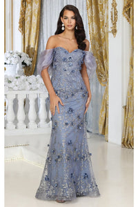 Royal Queen RQ8037 Off Shoulder 3D Floral Applique Red Carpet Dress - DUSTY BLUE / 4 - Dress