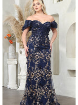 Royal Queen RQ8037 Off Shoulder 3D Floral Applique Red Carpet Dress