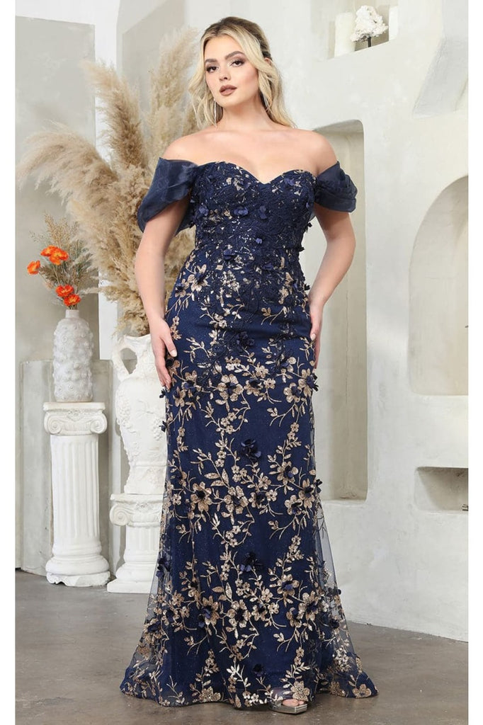 Royal Queen RQ8037 Off Shoulder 3D Floral Applique Red Carpet Dress - NAVY / 4 - Dress