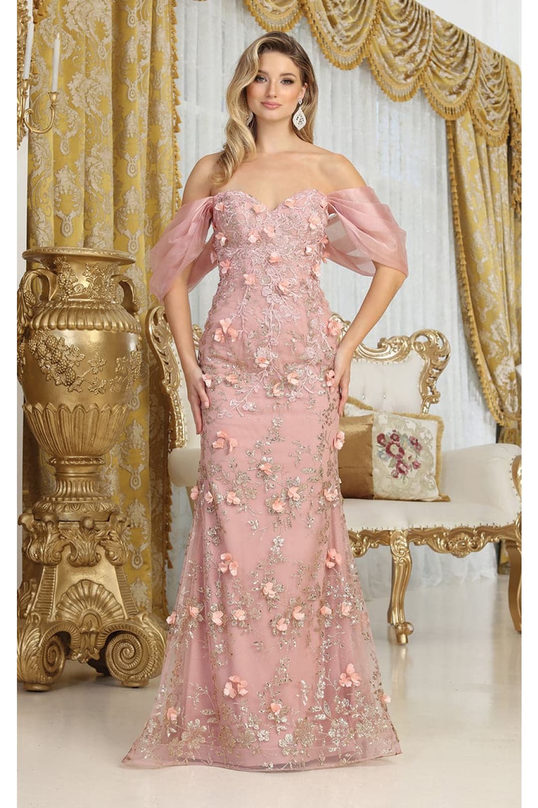 Royal Queen RQ8037 Off Shoulder 3D Floral Applique Red Carpet Dress - ROSE GOLD / 4 - Dress