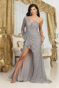 Royal Queen RQ8038 Fitted Beaded High Slit Formal Long Prom Dress - CHARCOAL GRAY / 4 - Dress